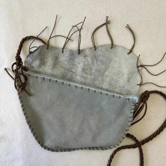 Newport News Suede Crossbody Bag Blue Brown Fringe Boho Cowgirl Western - Picture 5 of 11